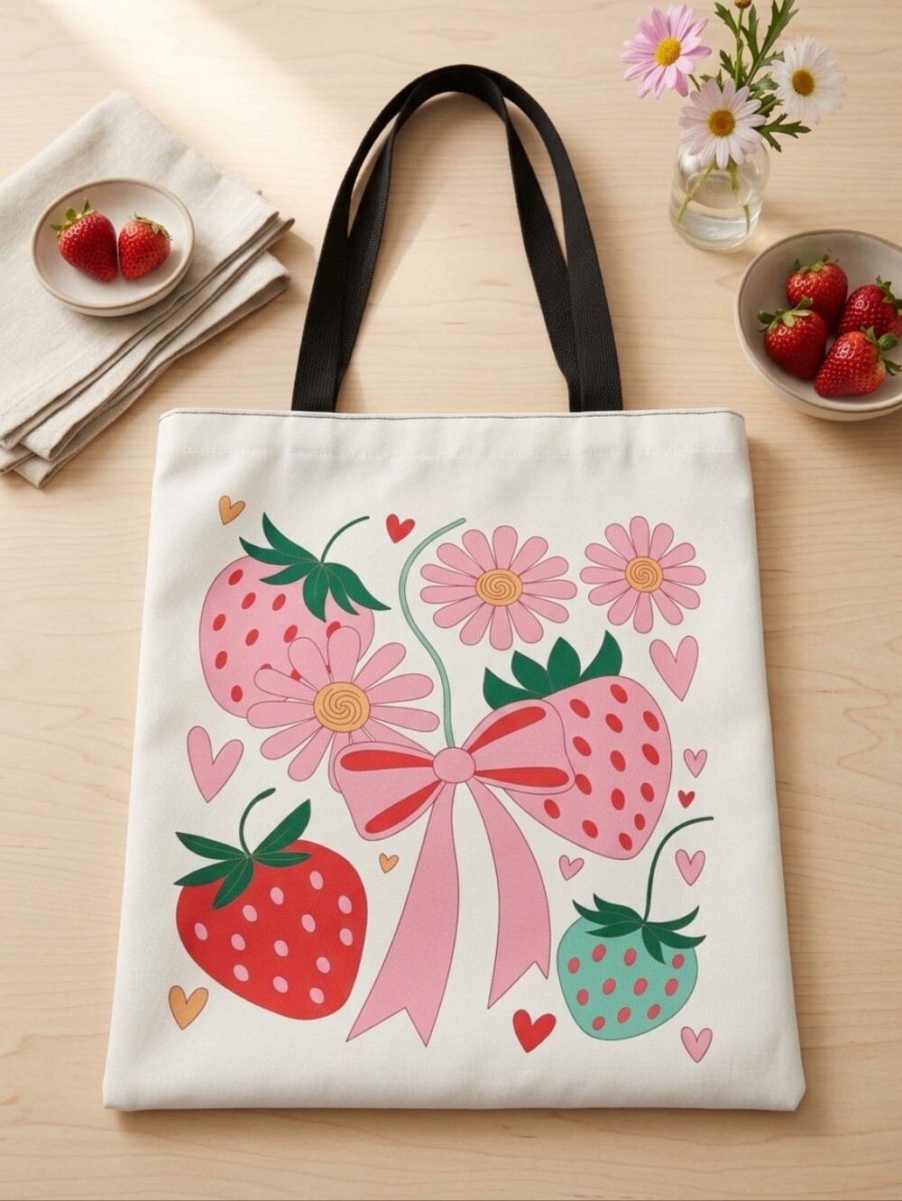 White Tote Bag with Pink Strawberry & Floral Print and Black Handles 12x15